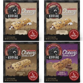 Kodiak Cakes Chewy Granola Protein Snack Bars Variety Pack, S'mores, Chocolate Chip, Double Chocolate, High Protein, 100% Whole Grains, Pack of 4 (20 bars total)