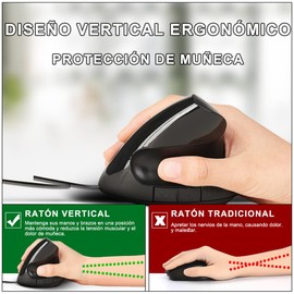 MOYAC Mouse Ergonómico Alarmbrico con 6 Botones, Ratón Vertical con Protección de Muñeca, dpi Adjustable (800/1200/1600), Interfaz USB Adecuada para Windows, Mac