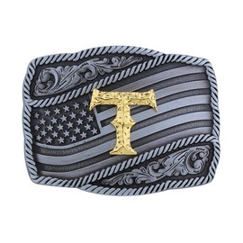 Fibbadet Western Cowboy Belt Buckle for Men Women, Initial Letters American Flag Belt Buckle for Husband Wife Him Her Boyfriend Girlfriend (T)