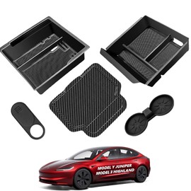 cybtkcar 2025 5PCS Center Console Organizer Tray for Model 3 Highland 2025 2024 Accessories Model Y Juniper Accessories Cup Holder, Hidden Storage Box, Wireless Charger Mat, Armrest Storage Tray