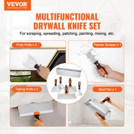 VEVOR Drywall Knife Set, 6 PCS Drywall Tools Includes 3" Painter Scraper, Two Putty Knives, Two Taping Knives and 12" Mud Pan, Stainless Steel Spackle Tool, Drywall Finishing Tools for Home