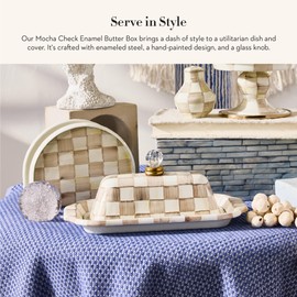 MACKENZIE-CHILDS Enamel Butter Box, Cute Lidded Enamel Butter Dish, Brown-and-White Mocha Check