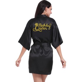 EKVHDO Womens Birthday Queen Squad Robe Spa Robes Party Supplies for Women Silk Kimono Robe with Gold Glitter