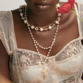 Gold Cross Necklace,Layered Pearl Beaded Chain Cross Necklace for Women,Dainty Faux Pearl Necklaces,Trendy Cross Pendent Choker,Gothic Catholic Jewelry Gifts for Chrismas