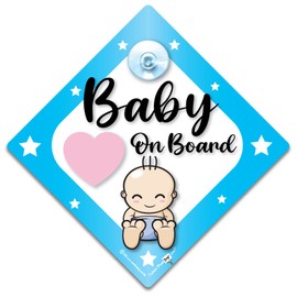 Baby On Board Sign Blue Stars, Baby On Board Sign, Grandchild On Board Car Window Sign, High Visibility Advisory Car Sign Designed to Let Other Road Users a Child is in The Car, 14 cm x 14cm x 2cm