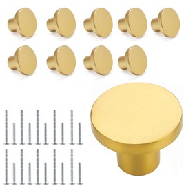 PACIOCEAN 10 Pack Round Dresser Knobs Gold Cabinet Knobs(1.18" Diameter),Solid Round Dresser Knobs Drawer Knobs，Dresser Drawers Brushed Brass Cabinet Door Knobs Modern Kitchen Hardware