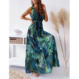 TOPLAZA TOPLAZA Maxi Dresses for Women Summer Beach Floral Dress V Neck Sleeveless, Green, XXL