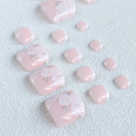 MERVF Toenails Press on Toenails Fake Toe Nails White French Tip Toe Nails Press on Square Flower Acrylic Toenails Nude Glitter Glue on Toenails Glossy 24pcs