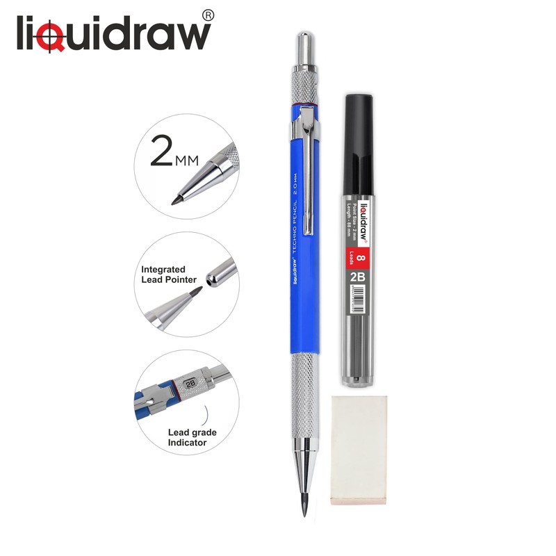 Liquidraw Mechanical Clutch Pencil 2mm With 8 x 2B Leads,