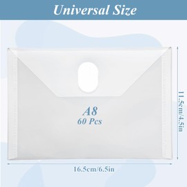 CYEAH 60 Pack A8 Size Clear Plastic Envelopes, Reusable File Folder with Velcro Closure, 6 x 4 Inch Clear Envelopes for School and Office Supplies