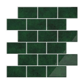 VEELIKE 6 Sheets Forest Green Subway Tile Peel and Stick Backsplash Kitchen Backsplash Tiles Peel and Stick Green Wall Tiles for Bathroom Waterproof Stick on Tiles for Kitchen Wall Fireplace 12''x12''