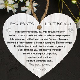 Paw Prints Left by You Memorial Heart Plaque with Inspirational Quote – Pet Remembrance – Hanging Plaque for Home Decor – Dog Cat Loss Sympathy Gift (Mdf Wood Indoor Use Only 10cm x 9cm, Light Grey)