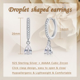 Josfeva Silver Dangle Dangling Earrings with Zirconia, 925 Sterling Silver Drop Hanging Earrings for Women Girls, Drop Huggie Hoop Earrings with Pendant Cubic Zirconia Teardrop Hypoallergenic Earrings