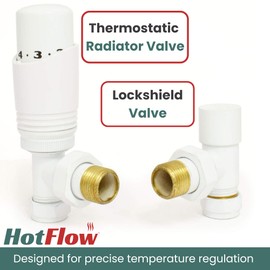 Hot Flow White Cascade Angled Modern TRV Thermostatic Radiator Valve (Pair) Includes Angled TRV Body & One Lock Shield for Quick & Easy Temperature Control. Perfect for Energy Saving.