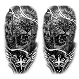 Oottati 2 Sheets Waterproof Arm Temporary Tattoo Stickers Cross Wing Lion Roar