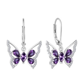 YL Butterfly Dangle Drop Earrings Sterling Silver Leverback Earrings Birthstone Jewelry for Women, Metal, Amethyst