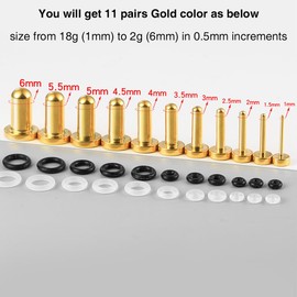 LADEMAYH 22PCS 18g-2g Stainless Steel Ear Stretching Kit with 0.5mm Increments, Dead Stretching Short Tapers Plugs with Rubber Rings - Safe & Easy for Men & Women (Gold)