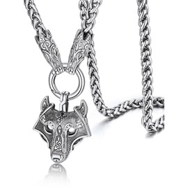 Viking Wolf Necklace for Men Stainless Steel Norse Jewelry with Punk Chunky Chain for men