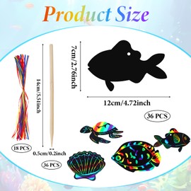 COMNICO 36pcs Scratch Paper Art for Kids Ocean Animals Scratch 12 Styles Rainbow Fish with Wooden Stick and Ribbon Summer Scratch Card for DIY Crafts Home Decoration Rainbow Arts Under The Sea Party
