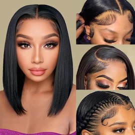 Superfect Bob Wig Human Hair 13x4 Lace Front Wigs Human Hair 14 Inch Straight HD Lace Frontal Short Bob Wigs for Women Pre Plucked with Baby Hair 180% Density Natural Black Color