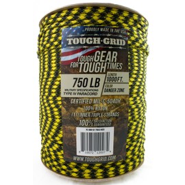 TOUGH-GRID Premium 750lb Paracord Rope - Made in USA - 100% Nylon Type IV Mil-Spec - UV & Abrasion Resistant - Heavy Duty Strands - Outdoor Survival Rope - Used by US Military - 1000Ft. - Danger Zone
