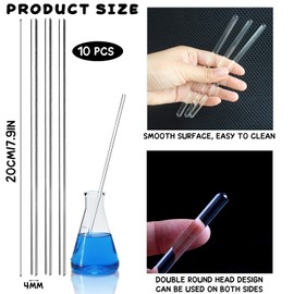 10-Pack Glass Stirring Rods – 7.9" Long, 6mm Diameter, Both Ends Round – Heat-Resistant Glass for Lab and Home Use