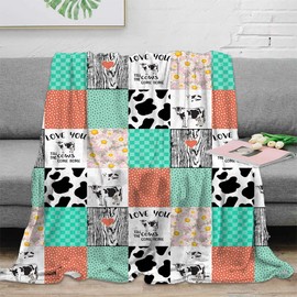 Cows Flannel Blanket Super Soft Cute Cow Print Blanket Microfiber Fleece Throw Blanket for Couch Sofa Bedding Living Room Teen Boys Girls Women Cows Gift（Green Flannel，(50 x 60 in)）