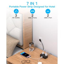 2 Pack Cruise Essentials, 5 Ft Flat Extension Cord, 3 Outlets 4 USB Ports(2 USB C) Flat Plug Power Strip, USB Charging Station with Non Surge Protector for Cruise Ship, Travel, Dorm Essentials-Black