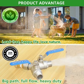 304 Stainless Steel Garden Hose Splitter 2 Way Heavy Duty, Full Flow Hose Y Splitter with Long Handle,Lead-free Y Valve Water Garden Hose Adapter,3/4" GHT Threads