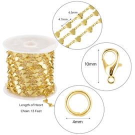 Cadenas chapadas en oro de 18 quilates para hacer joyas con eslabones de corazón de 13 pies con cierres de langosta y anillos de salto para mujeres