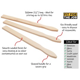 Fit For The Job 3 pack 300mm (12") Wooden Paint Stirrers Mixing Sticks for Fast, Effective Hand Mixing of Up To 10 Litre Tins of Paint & Woodstains - Mixes Colour Streaks In, Gives Even Consistency