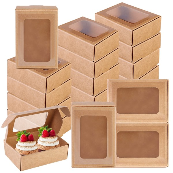 Pack of 50 Kraft Paper Boxes with Viewing Window, Biscuit Box, 8.5 x 6 x 3 cm, Brown Gift Boxes, Cupcake Boxes, Small Boxes for Biscuits, Cakes, Gifts, Dessert