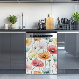 Dishwasher Magnet Cover,Red Blue Poppy Flower Magnet Sticker Fridge Panel Decal for Home Kitchen Decor, 23x26 in