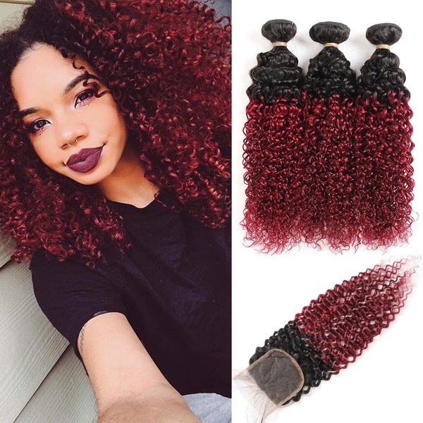 Ombre Burgundy Brazilian Curly Hair 3 Bundles with Closure, Dark Red Two Tone Curly Weave Human Hair Extensions, 99j Afro Kinki Curl Hair Weaving (20"22"24"+Closure18")