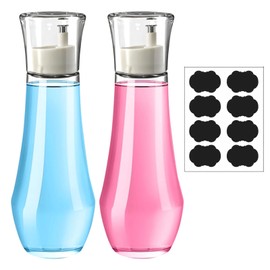 Glass Mouthwash Dispenser Set 2 Pack, Bathroom Liquid Dispenser with Stainless Steel Pump, Clear Glass Bottle with Measurement Marks, Modern Design for Bathroom Vanity