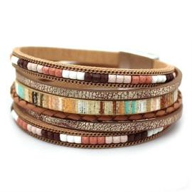 JAVMOO Leather Wrap Bracelets for Women Boho Multi-Layer Cuff Bangle Bead Strackable Jewelry Accessories Brown