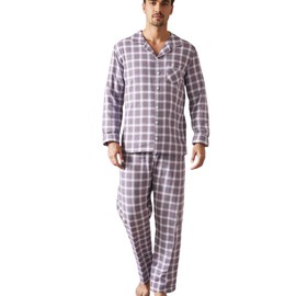 COSOUKE 100% Cotton Flannelette Winter Mens Womens Pyjamas Set Long Sleeve Matching Christmas Pajamas for Couples (Large, Mens, Gray Plaid)