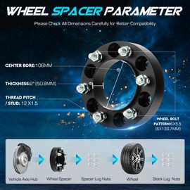 6x5.5 2 inch (50.8mm) Hubcentric Wheel Spacers for 1996-2022 Toyota 4Runner, 2001-2007 Sequoia, 2002-2022 Tacoma, 6x139.7mm Wheel Adapters with 12x1.5 Studs 106mm Bore for Lexus GX460 GX470, Set of 4