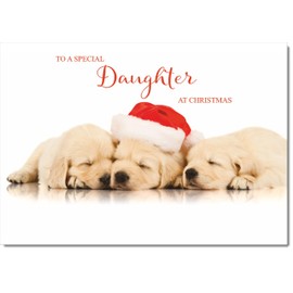 doodlecards Daughter Christmas Card Puppies with Santa Hat Medium Size Christmas Card for Daughter with Plain Envelope