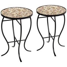 Teal Island Designs Mother of Pearl Modern Black Metal Round Outdoor Accent Side Tables 14" Wide Set of 2 Natural Mosaic Tile Tabletop Curved Legs for Spaces Porch Patio Home House Balcony Deck
