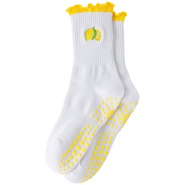 Cute Pilates Grip Socks for Women Ruffle Frilly Yoga Socks Non Slip Cotton Crew Grippy Sock for Barre Workout (CA/US, Alpha, One Size, Regular, Regular, 1 Pack-Yellow-Lemon)