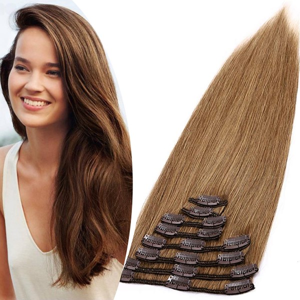 SEGO Clip-In Real Hair Extensions, 8 Wefts, Straight, 7A, 100% Human Thickened, Soft, Silky, 33 cm (80 g), Light Brown #6-1