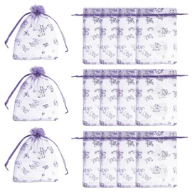 PATIKIL Organza Bags, 100 Pcs 5.1 x 7 Inch Mesh Candy Pouch with Drawstring Butterfly Jewelry Gift Bags for Wedding Christmas Festival Makeup Supply, Light Purple Silver