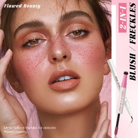 Noerrors Freckle Blush Pen for Natural Lifelike Faux Freckle, 2 in 1 Freckle Stamp Pen Liquid Blush for Sunkissed Makeup, Waterproof Long Lasting Fake Freckles Marker with Puff #Light Brown&Love Pink