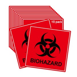 12 Pack Biohazard Stickers Sign Biohazard Warning Labels 4Inch Universal Biohazard Symbol Vinyl Waterproof Hazardous Materials Warning Stickers for Labs, Hospitals and Industrial Use