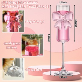 Reallnaive 2 Pcs Coquette Glass Cups Pink Bow Champagne Fashioned Glasses Clear Reinforced Stems and Romantic Pink Bow for Weddings Engagements Party Gifts (High Feet)