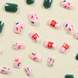 Christmas Press on Nails Short Square Winter Fake Nails Dark Green Full Cover Xmas Hat Gloves Holly Tree False Nails with Designs Glossy Glue on Nails Acrylic Nails Artificial Nails for Women Girls