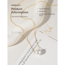 Mameloly Pearl Necklaces for Women Dainty 14K Gold Plated O-link Chain 10MM Single Simulated White Pearl Pendant Necklace for Her Wedding Birdal