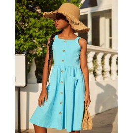 Arshiner Vestido de verano para niña, con tirantes delgados, sin mangas, estilo informal, con bolsillos, para verano, con tirantes delgados, Azul/claro, 9-10 Años