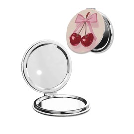 LOPIOIO Compact Pocket Mirror, 1X/2X Magnifying Round Mirror for Girls Women, Portable Pu Leather Makeup Mirror for Handbag, Purse, Travel - Cherry Bow Tie